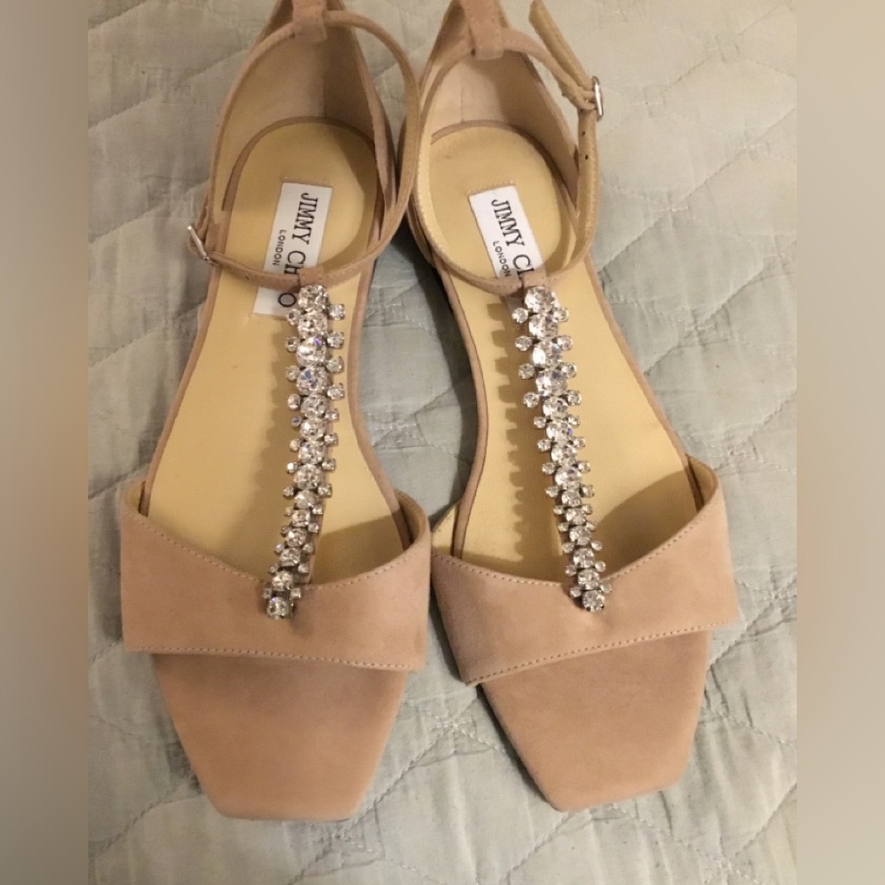 New JIMMY CHOO “Averie” Crystal
Embellished Suede Ankle Strap Flat Sandal SZ 37